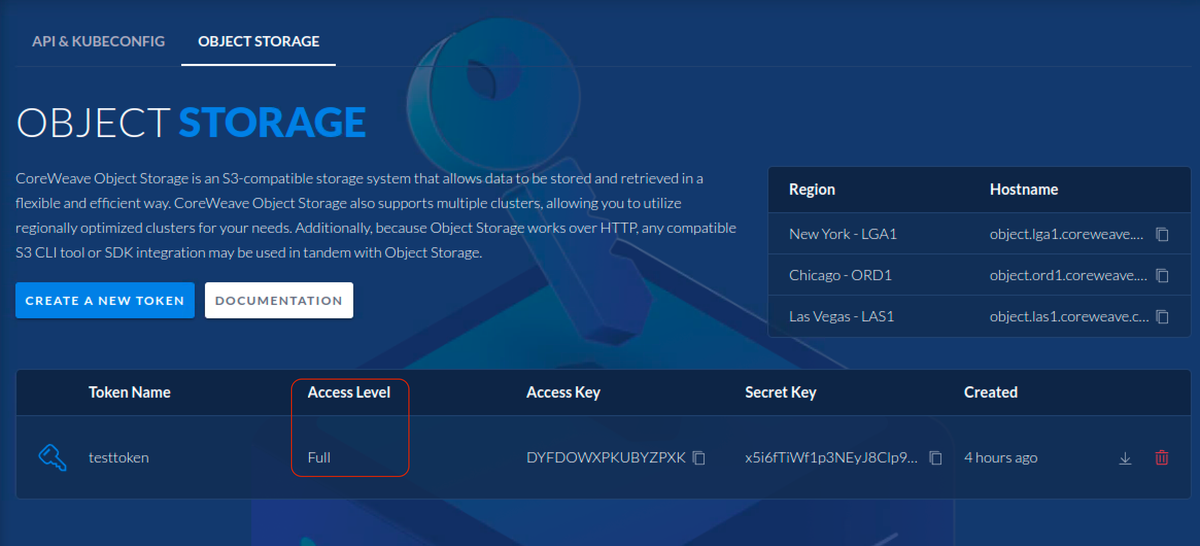 Access levels are displayed on the Object Storage page